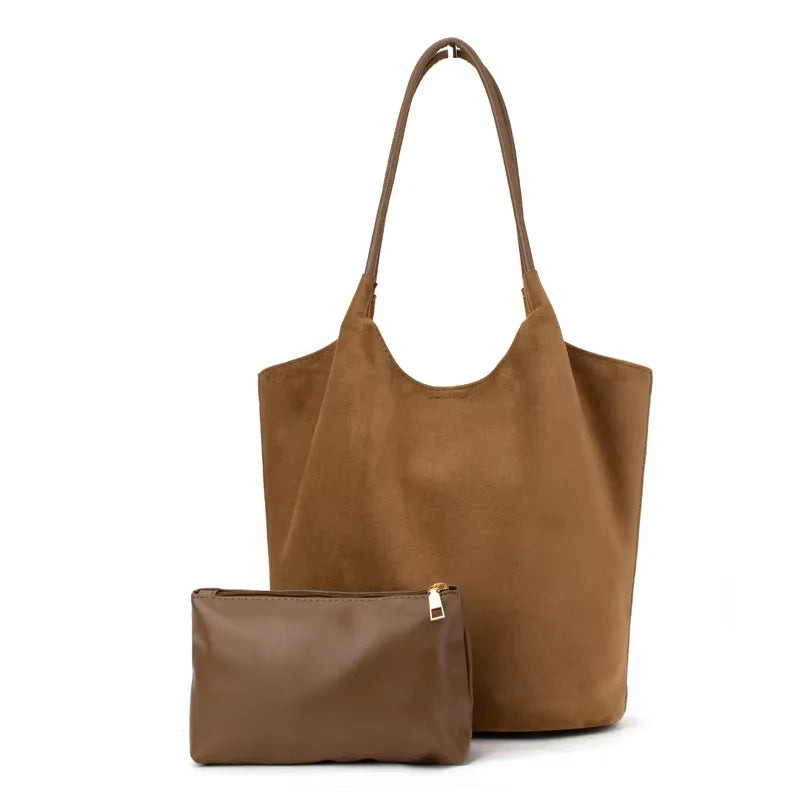 New Large Capacity Handheld Shoulder Suede Leather Bag with Deer Skin Velvet Retro, Small Versatile Bucket for Women Work - Handbags by Handbags Specialist Headquarter | Available at Handbags Specialist Headquarter