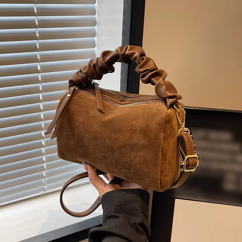 New Large Capacity Handheld Shoulder Suede Leather Bag with Deer Skin Velvet Retro, Small Versatile Bucket for Women Work - Handbags by Handbags Specialist Headquarter | Available at Handbags Specialist Headquarter