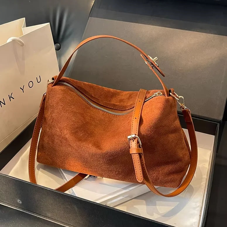 New Large Capacity Handheld Shoulder Suede Leather Bag with Deer Skin Velvet Retro, Small Versatile Bucket for Women Work - Handbags by Handbags Specialist Headquarter | Available at Handbags Specialist Headquarter