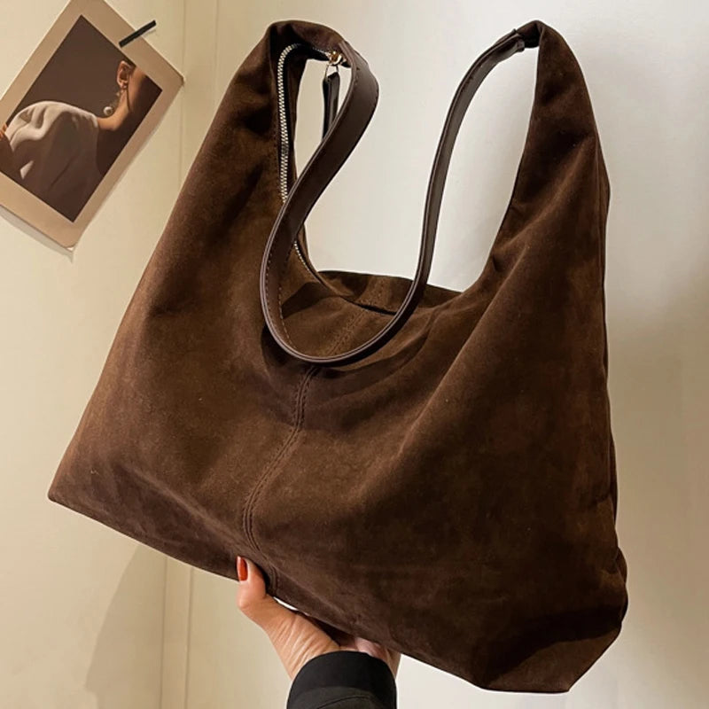 New Large Capacity Handheld Shoulder Suede Leather Bag with Deer Skin Velvet Retro, Small Versatile Bucket for Women Work - Handbags by Handbags Specialist Headquarter | Available at Handbags Specialist Headquarter