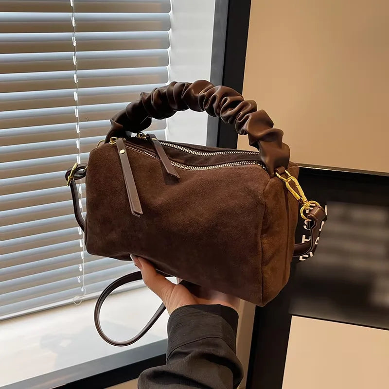 New Large Capacity Handheld Shoulder Suede Leather Bag with Deer Skin Velvet Retro, Small Versatile Bucket for Women Work - Handbags by Handbags Specialist Headquarter | Available at Handbags Specialist Headquarter