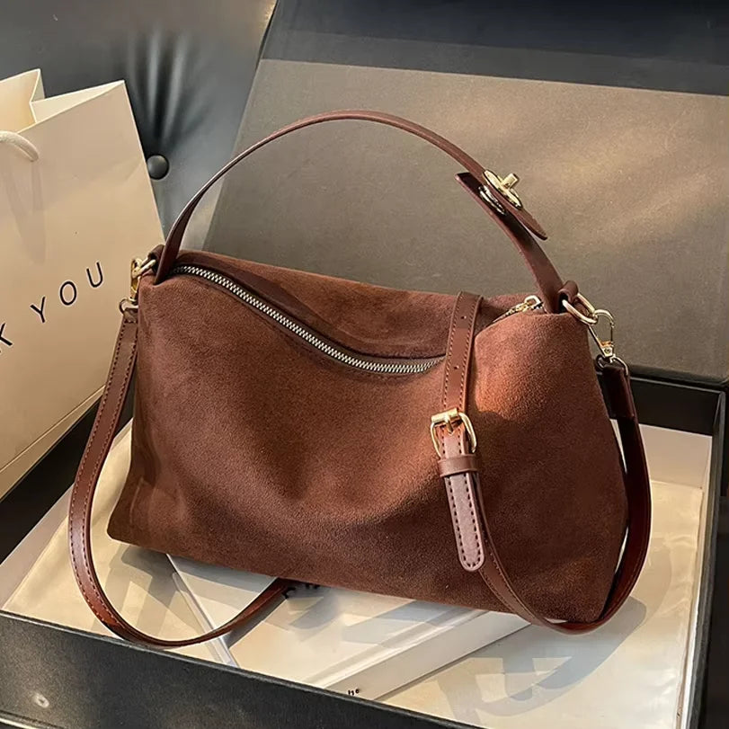 New Large Capacity Handheld Shoulder Suede Leather Bag with Deer Skin Velvet Retro, Small Versatile Bucket for Women Work - Handbags by Handbags Specialist Headquarter | Available at Handbags Specialist Headquarter