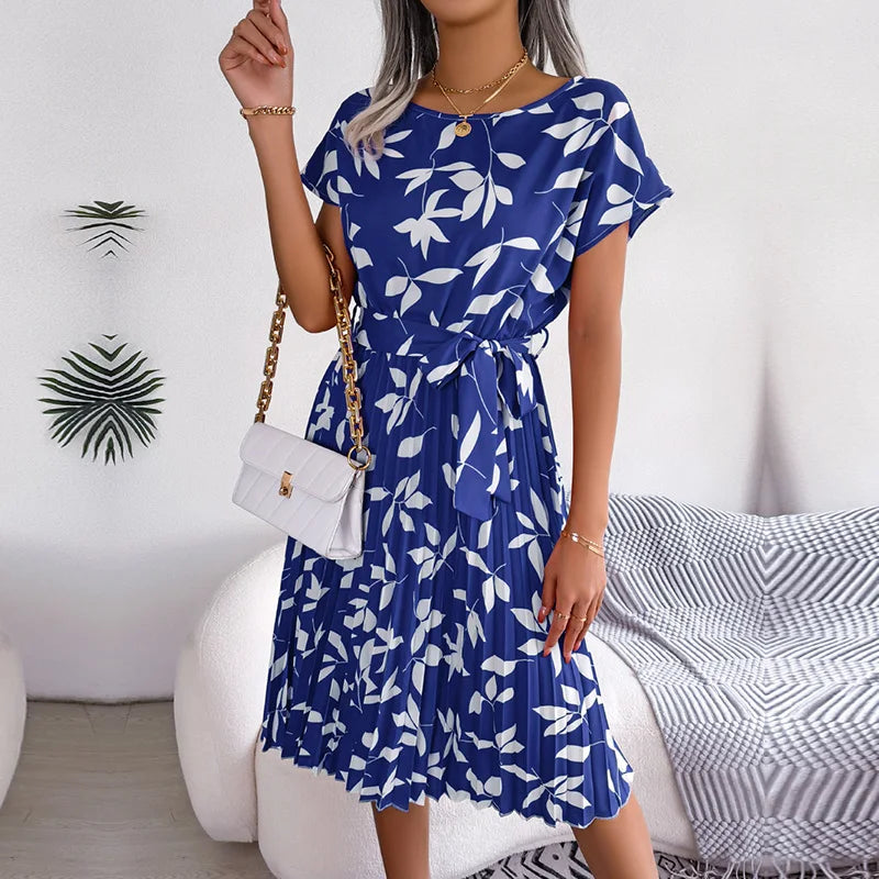 Women Spring Summer Short Sleeve High Waist Chic Dress Fashion Floral Pleated A Line Long Dress -  by Hey Whoops Store | Available at Handbags Specialist Headquarter