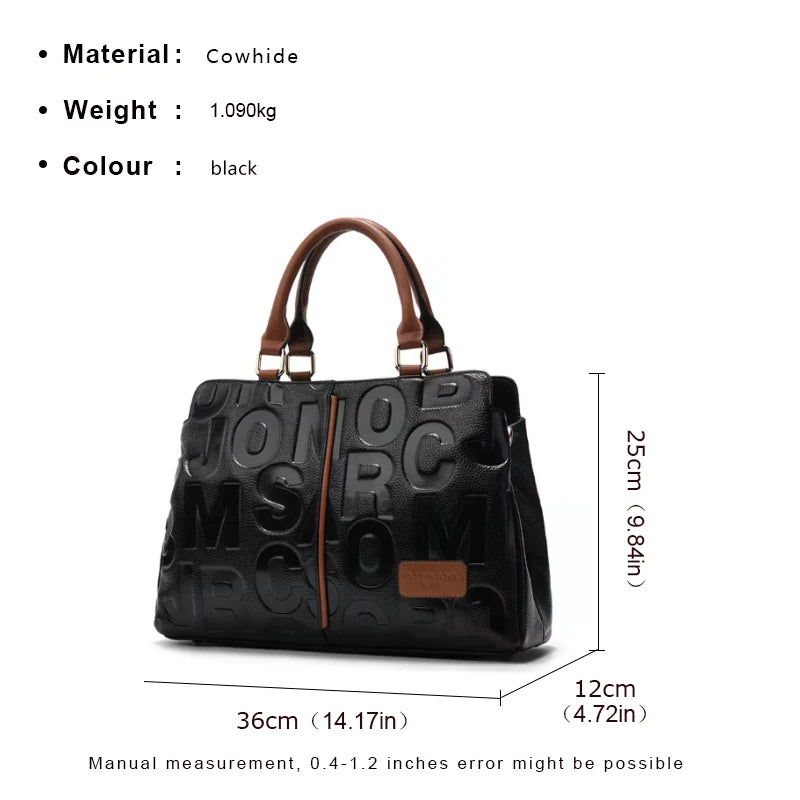 Aidrani Letter Embossed Genuine Leather Tote Bag