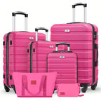Six-piece ABS hardside luggage set with spinner wheels and two matching travel bags in multiple sizes