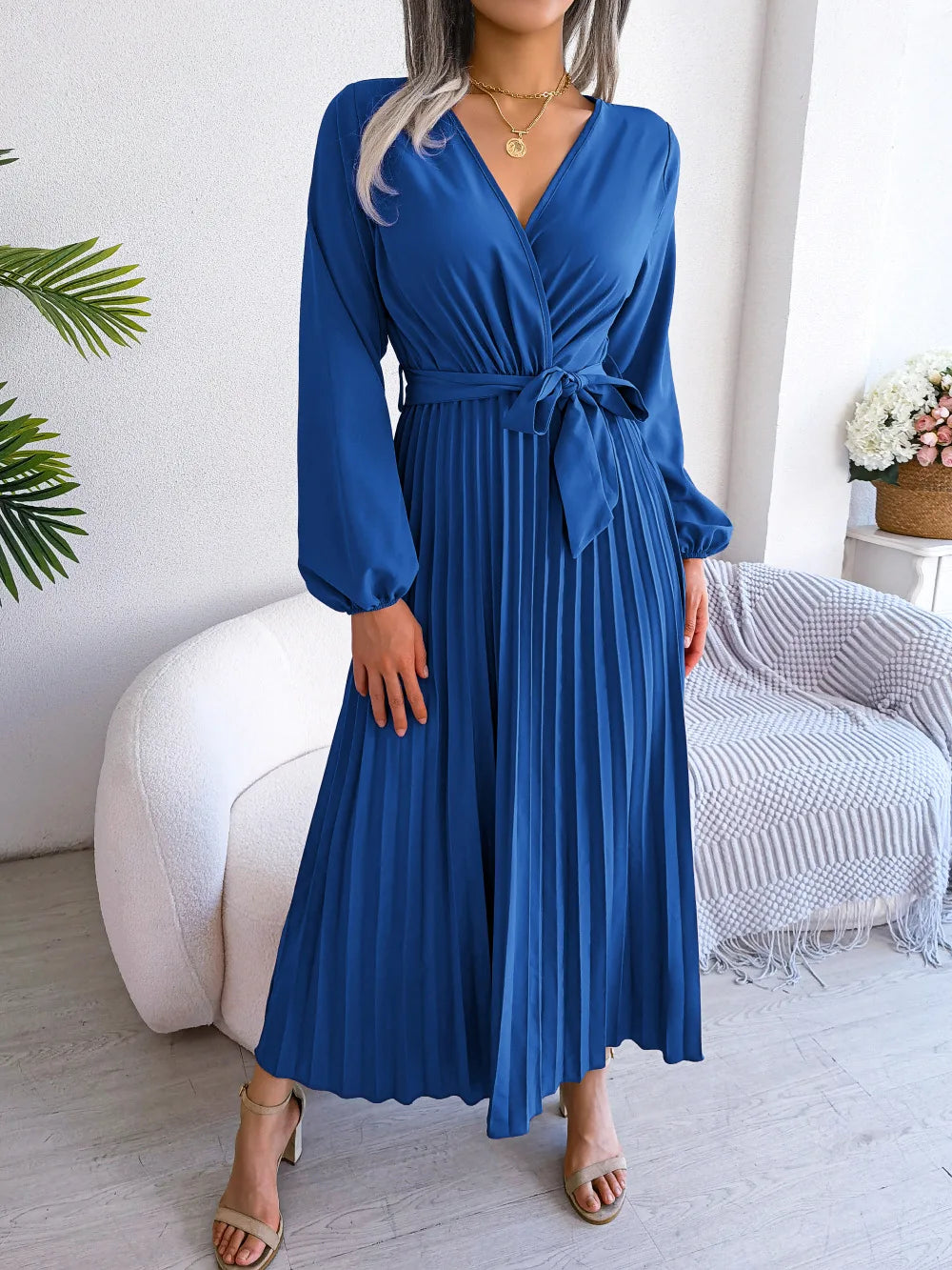 Women Elegant V Neck Long Sleeve Pleated Maxi Dress -  by Hey Whoops Store | Available at Handbags Specialist Headquarter