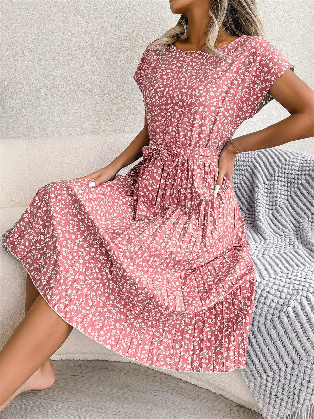 Women Spring Summer Short Sleeve High Waist Chic Dress Fashion Floral Pleated A Line Long Dress -  by Hey Whoops Store | Available at Handbags Specialist Headquarter