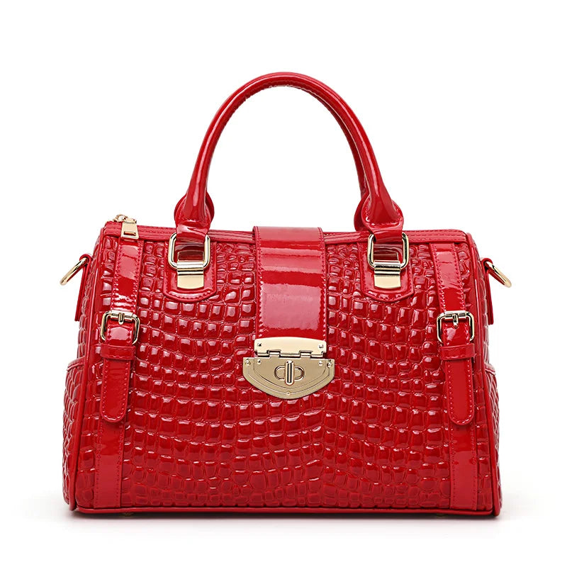 Aidrani Red Croc-Embossed Cowhide Boston Bag