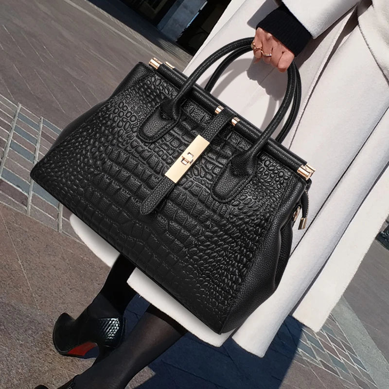 Aidrani Black Crocodile Pattern Large Handbag