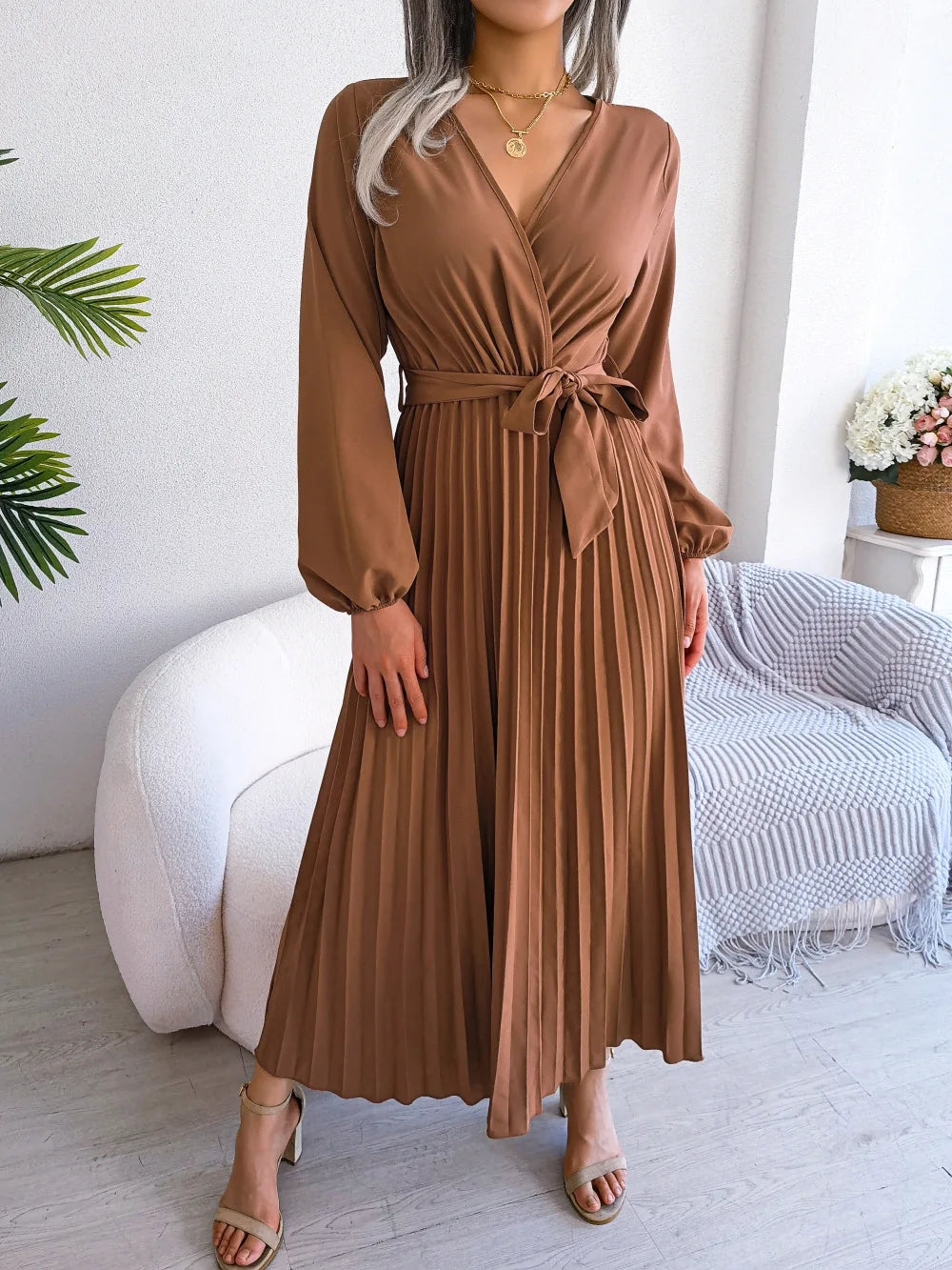 Women Elegant V Neck Long Sleeve Pleated Maxi Dress -  by Hey Whoops Store | Available at Handbags Specialist Headquarter