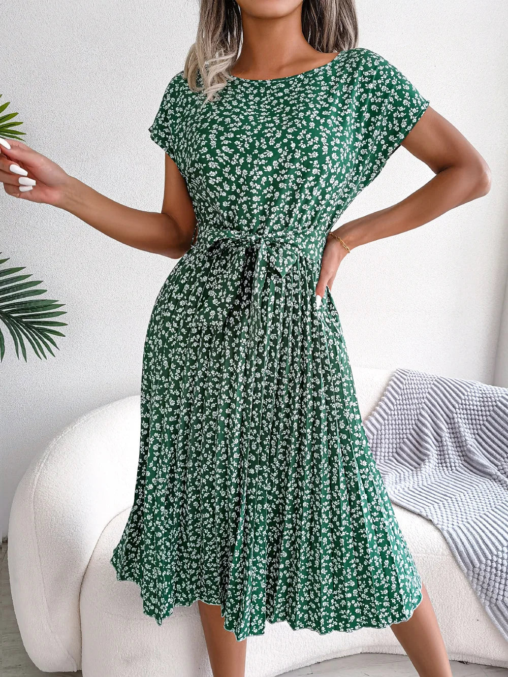 Women Spring Summer Short Sleeve High Waist Chic Dress Fashion Floral Pleated A Line Long Dress -  by Hey Whoops Store | Available at Handbags Specialist Headquarter