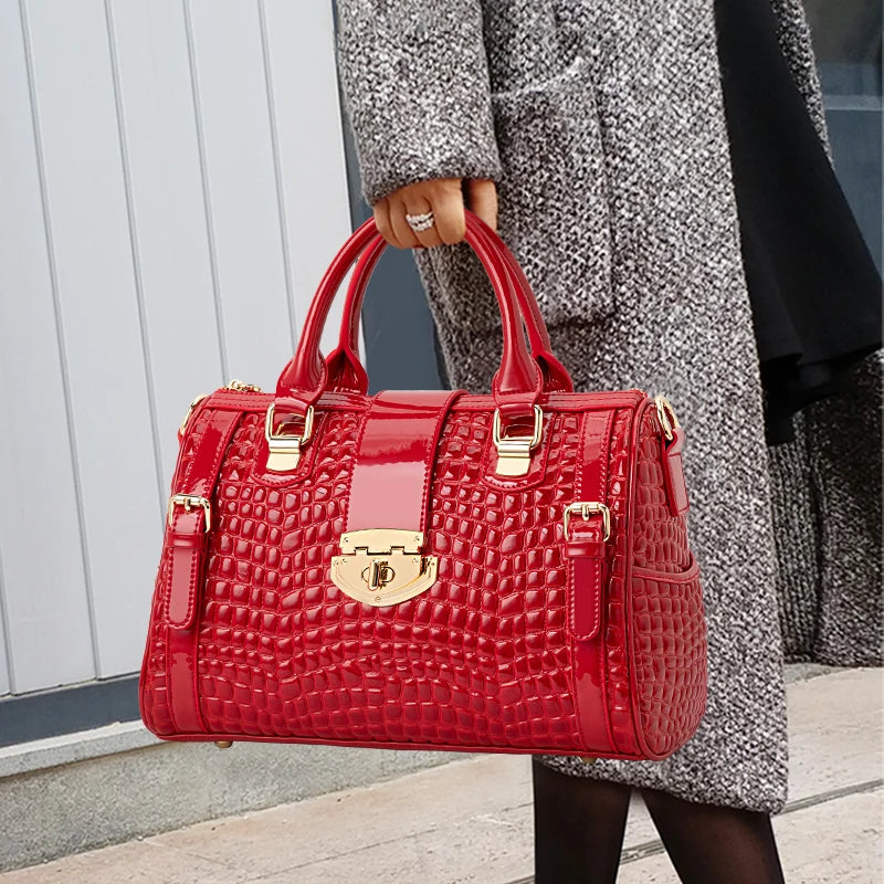Aidrani Red Croc-Embossed Cowhide Boston Bag