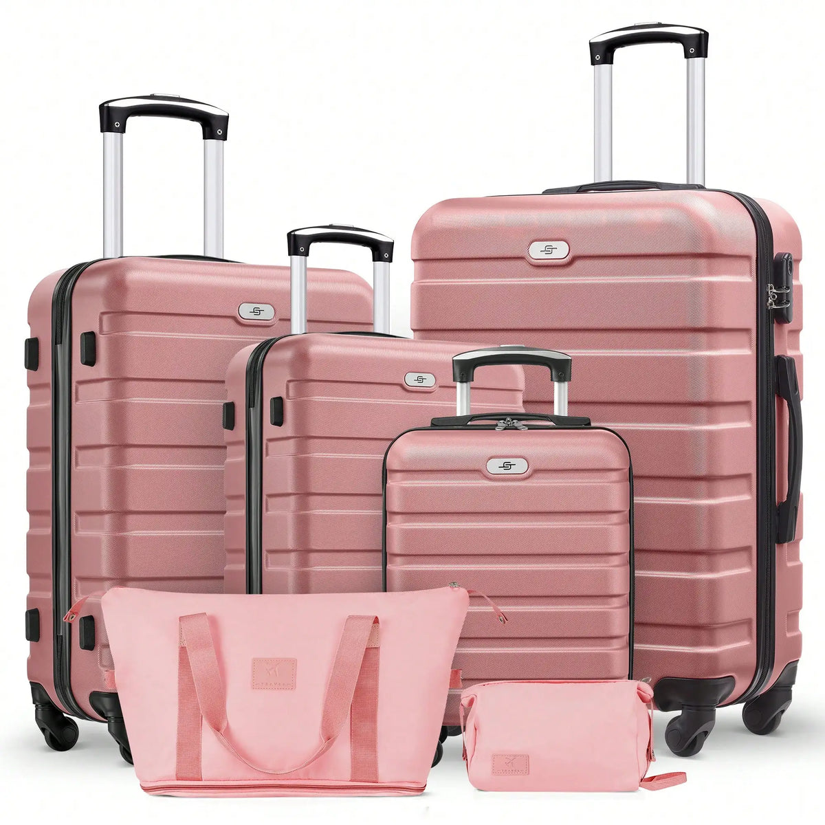 Six-piece ABS hardside luggage set with spinner wheels and two matching travel bags in multiple sizes