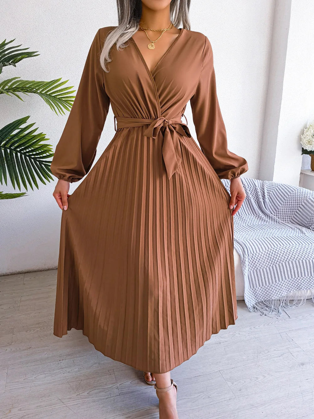 Women Elegant V Neck Long Sleeve Pleated Maxi Dress -  by Hey Whoops Store | Available at Handbags Specialist Headquarter