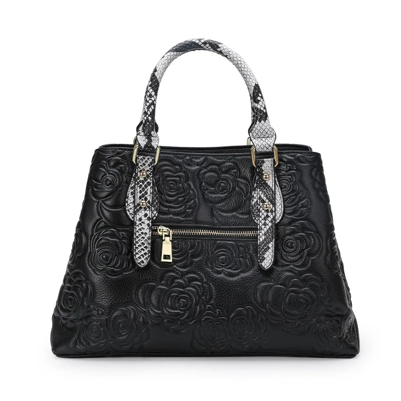 Aidrani Rose Embossed Leather Tote with Snakeskin Handles
