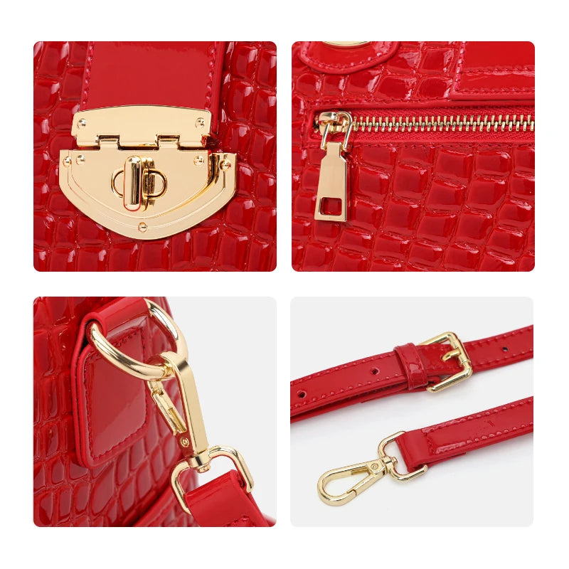 Aidrani Red Croc-Embossed Cowhide Boston Bag