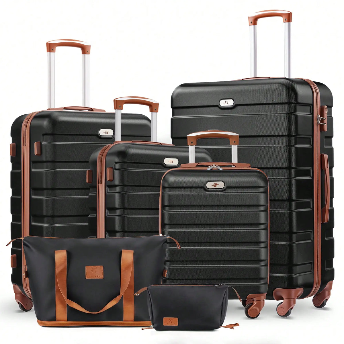 Six-piece ABS hardside luggage set with spinner wheels and two matching travel bags in multiple sizes
