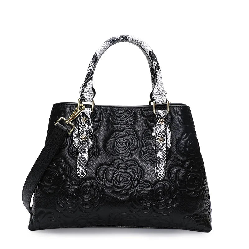 Aidrani Rose Embossed Leather Tote with Snakeskin Handles