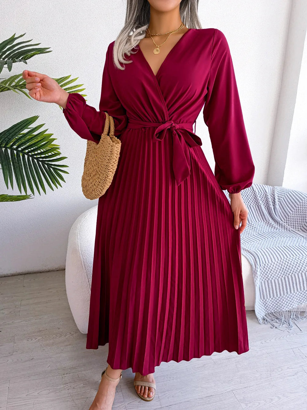 Women Elegant V Neck Long Sleeve Pleated Maxi Dress -  by Hey Whoops Store | Available at Handbags Specialist Headquarter