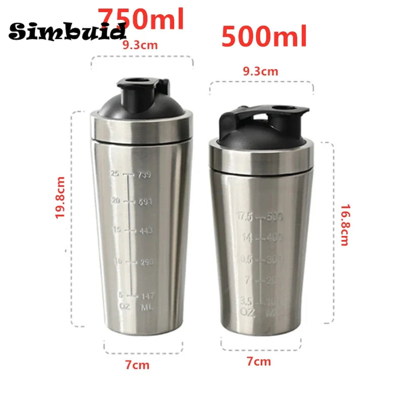 500ML/750ML Stainless Steel Protein Powder Shaker Bottle with Steel Ball and Scale Leak Proof Gym Fitness Sport Whey Shakes Cup - Water Bottles by Stone's Store | Available at Handbags Specialist Headquarter