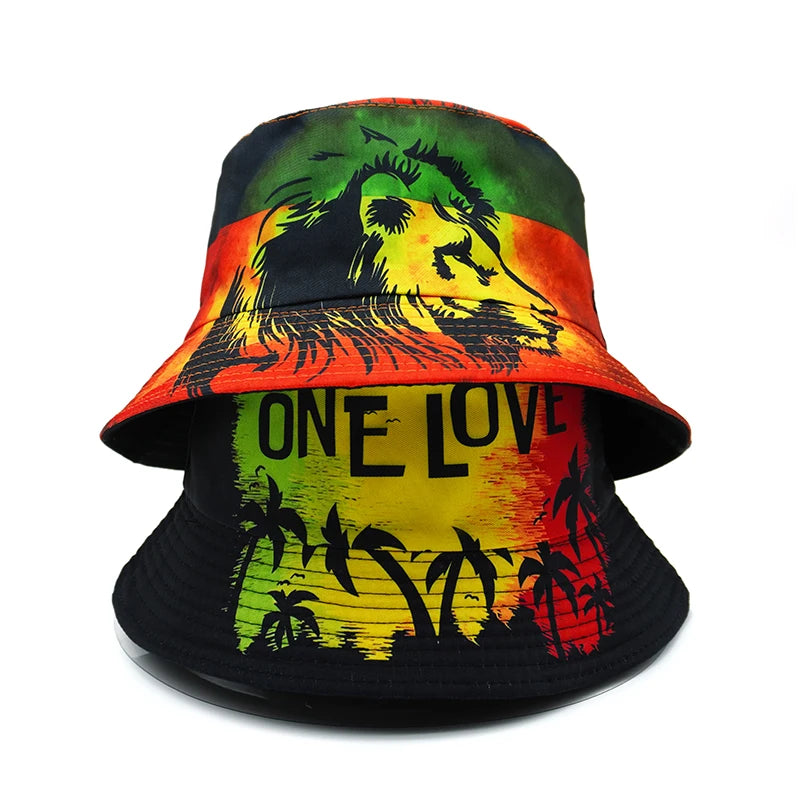 Rasta lion reversible bucket hat with One Love print and outdoor sun protection