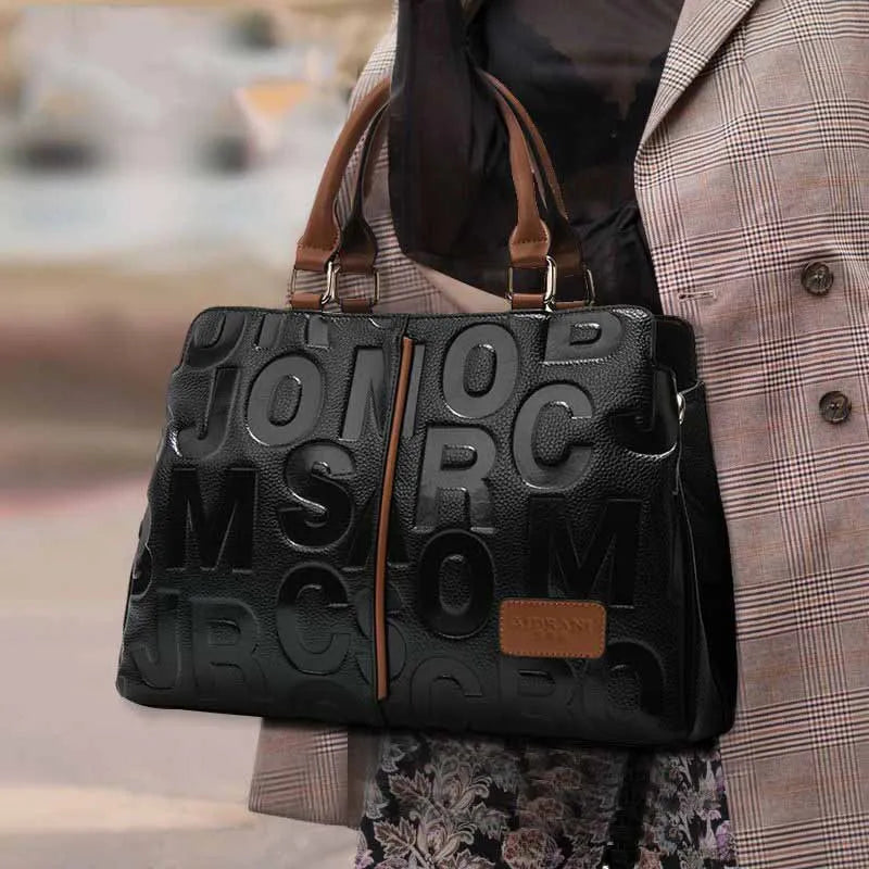 Aidrani Letter Embossed Genuine Leather Tote Bag