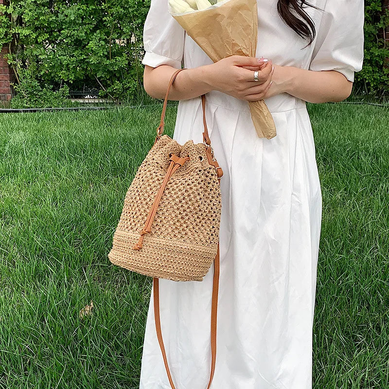 Woven Straw Bag Ladies Bucket Crossbody Bag Summer Beach Bag Retro Travel Shoulder Bags Small Travel Purse and Handbag For Women - Tote Bag by eprolo | Available at Handbags Specialist Headquarter