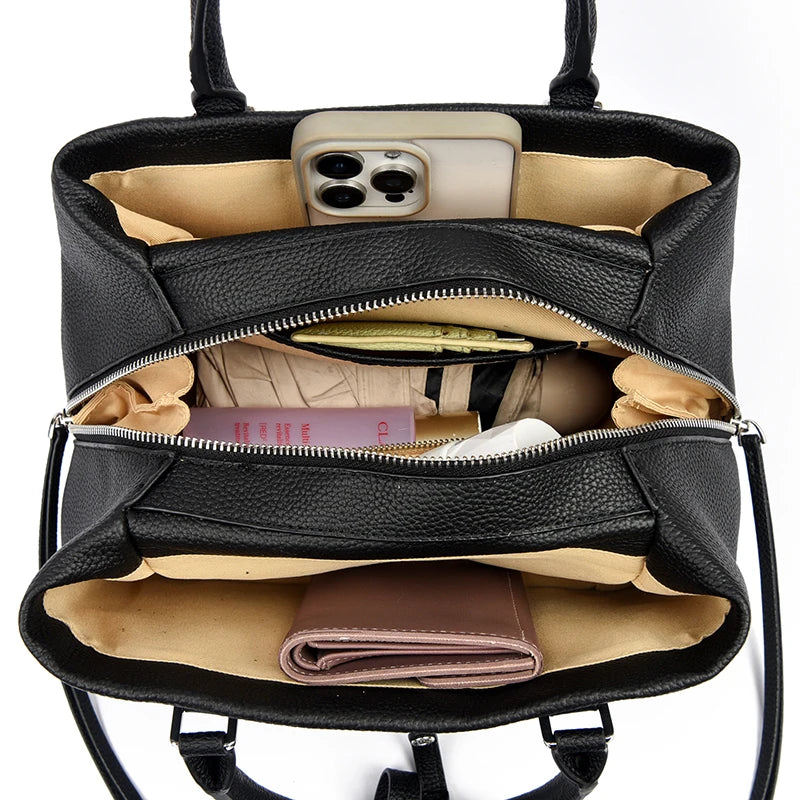 Genuine leather women's shoulder and crossbody tote with matching wallet, large capacity oxhide bag