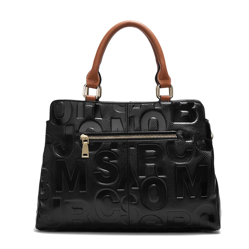 Aidrani Letter Embossed Genuine Leather Tote Bag