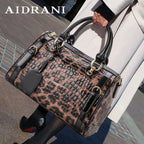 Woman in white coat holding a textured, brown and black leopard print handbag with gold accents.