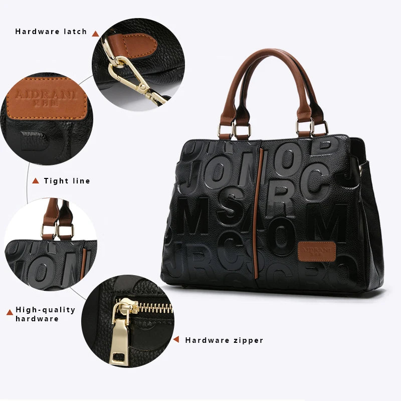 Aidrani Letter Embossed Genuine Leather Tote Bag