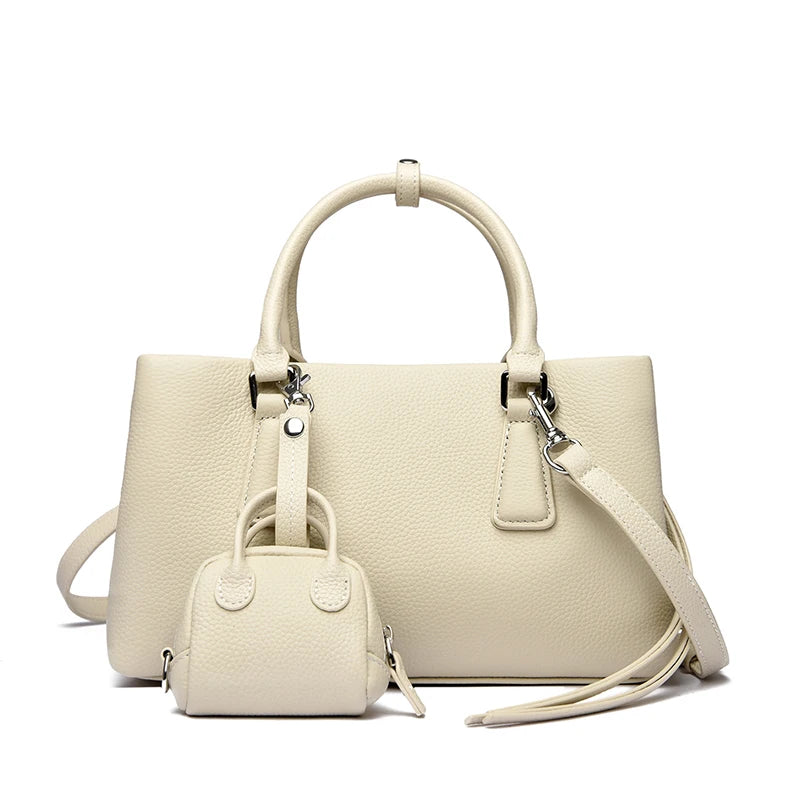 Genuine leather women's shoulder and crossbody tote with matching wallet, large capacity oxhide bag