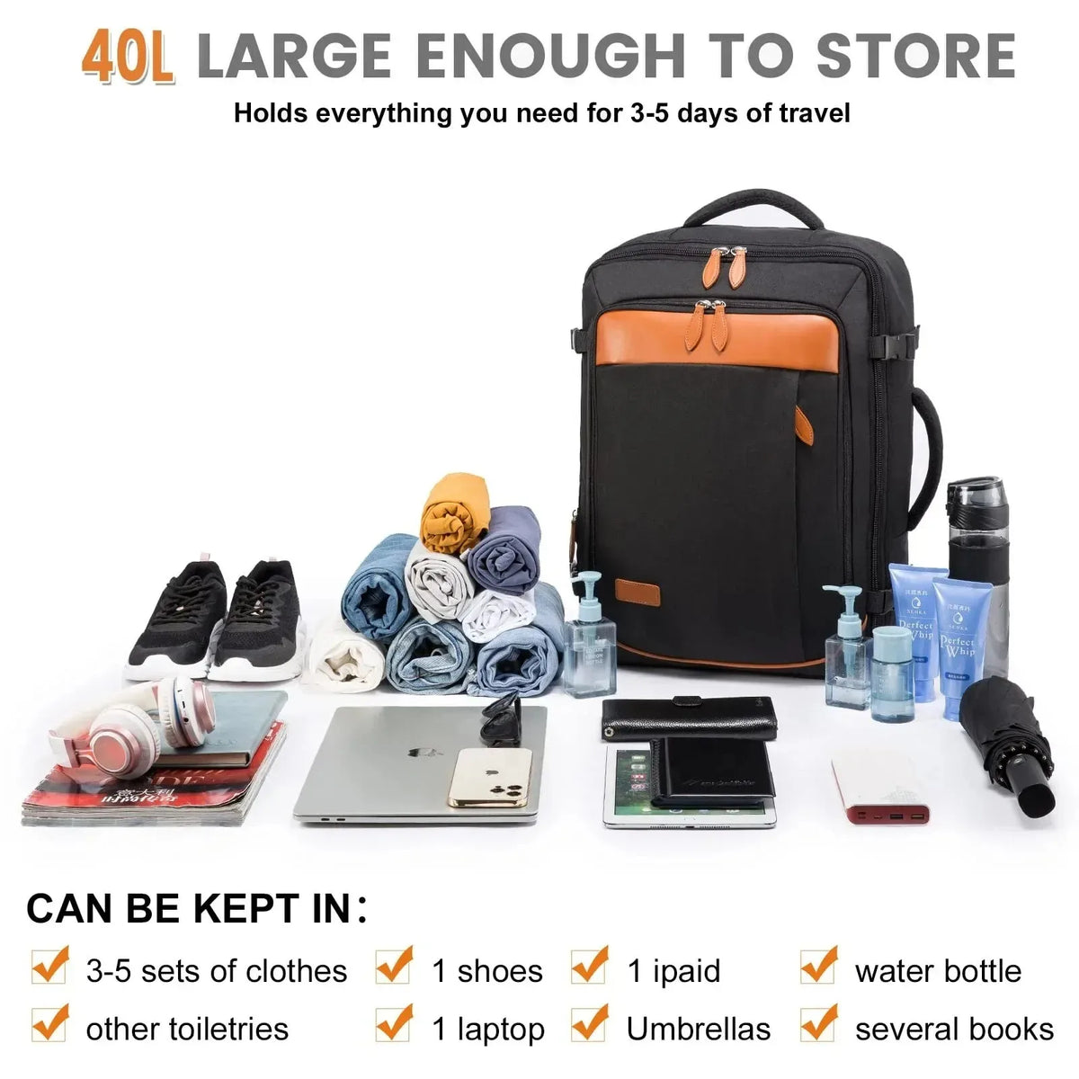 40L expandable waterproof travel backpack with laptop compartment and suitcase-style opening