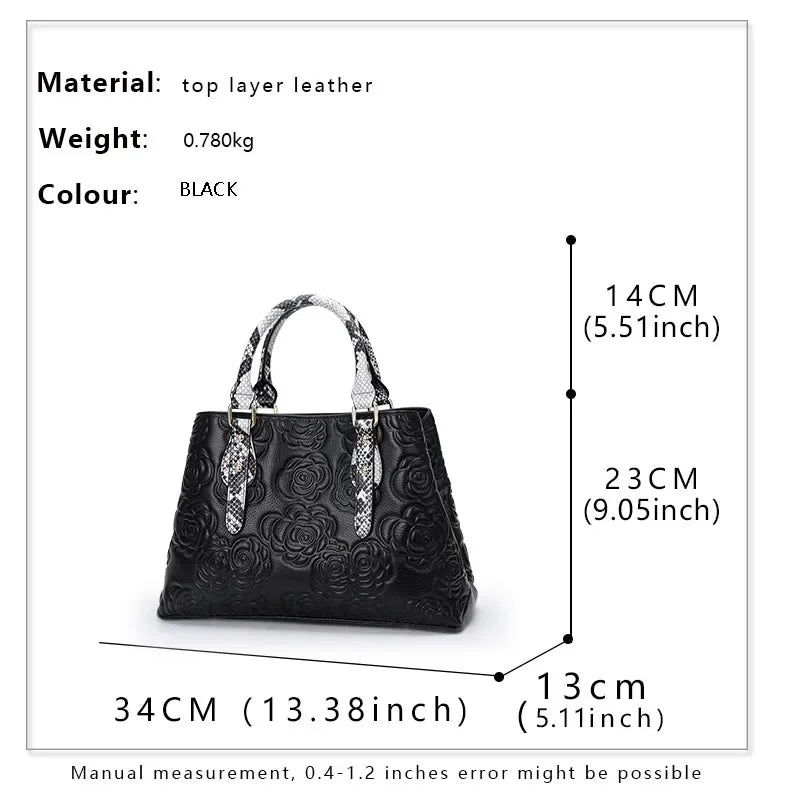 Aidrani Rose Embossed Leather Tote with Snakeskin Handles
