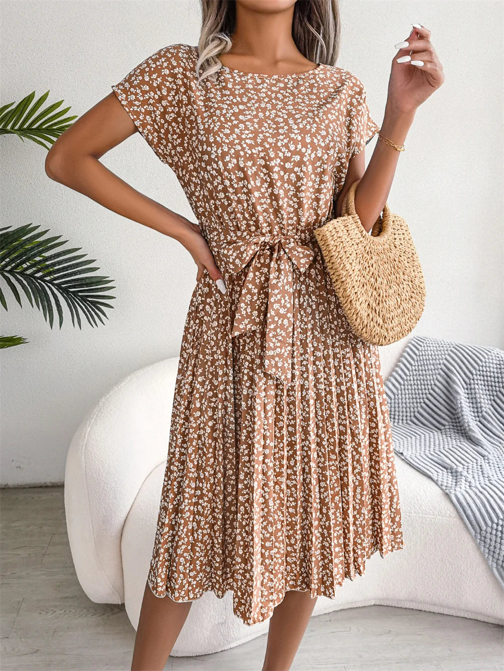 Women Spring Summer Short Sleeve High Waist Chic Dress Fashion Floral Pleated A Line Long Dress -  by Hey Whoops Store | Available at Handbags Specialist Headquarter