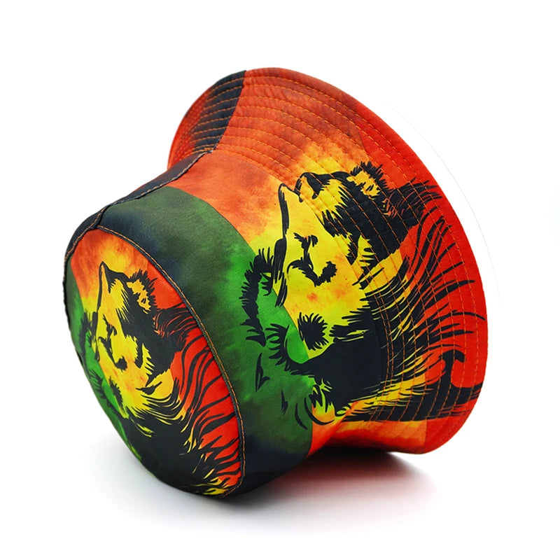 Rasta lion reversible bucket hat with One Love print and outdoor sun protection