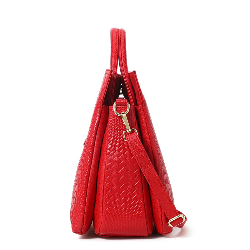 Aidrani genuine leather women's handbag with woven pattern and large interior capacity