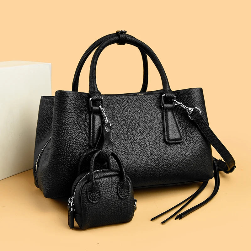 Genuine leather women's shoulder and crossbody tote with matching wallet, large capacity oxhide bag