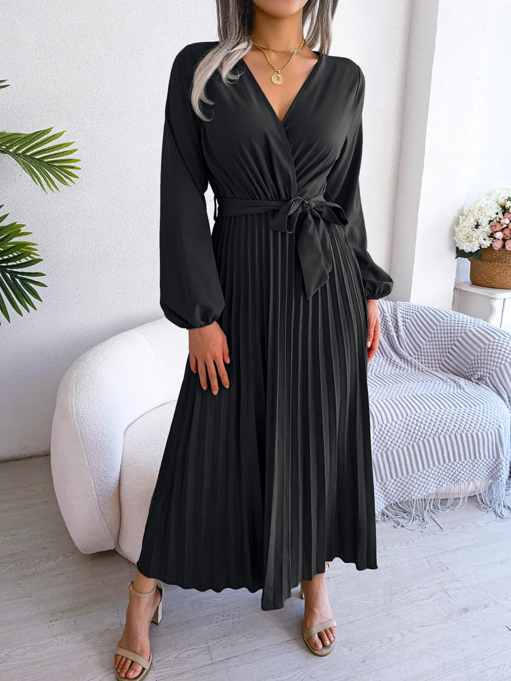 Women Elegant V Neck Long Sleeve Pleated Maxi Dress -  by Hey Whoops Store | Available at Handbags Specialist Headquarter