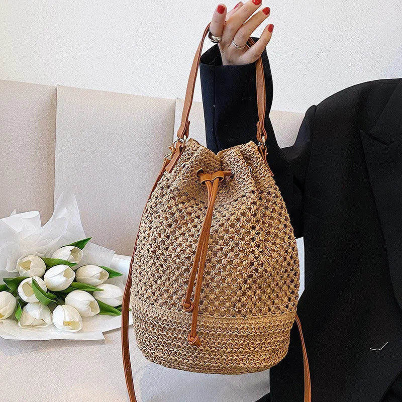 Woven Straw Bag Ladies Bucket Crossbody Bag Summer Beach Bag Retro Travel Shoulder Bags Small Travel Purse and Handbag For Women - Tote Bag by eprolo | Available at Handbags Specialist Headquarter