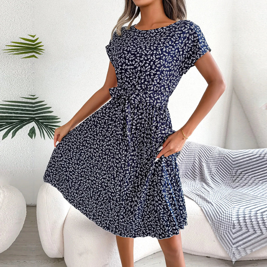 Women Spring Summer Short Sleeve High Waist Chic Dress Fashion Floral Pleated A Line Long Dress -  by Hey Whoops Store | Available at Handbags Specialist Headquarter