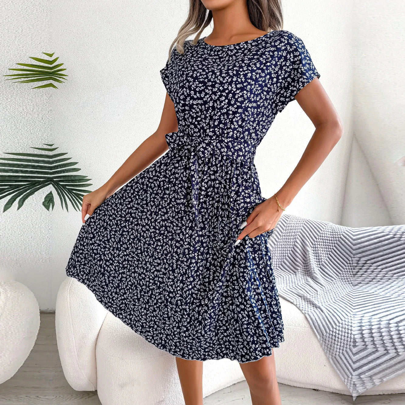 Women Spring Summer Short Sleeve High Waist Chic Dress Fashion Floral Pleated A Line Long Dress -  by Hey Whoops Store | Available at Handbags Specialist Headquarter