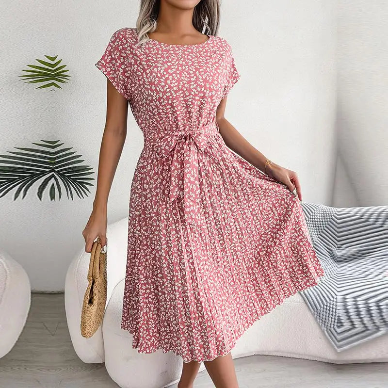 Women Spring Summer Short Sleeve High Waist Chic Dress Fashion Floral Pleated A Line Long Dress -  by Hey Whoops Store | Available at Handbags Specialist Headquarter