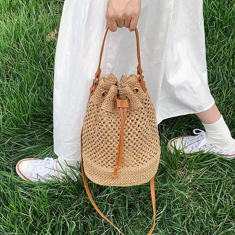 Woven Straw Bag Ladies Bucket Crossbody Bag Summer Beach Bag Retro Travel Shoulder Bags Small Travel Purse and Handbag For Women - Tote Bag by eprolo | Available at Handbags Specialist Headquarter