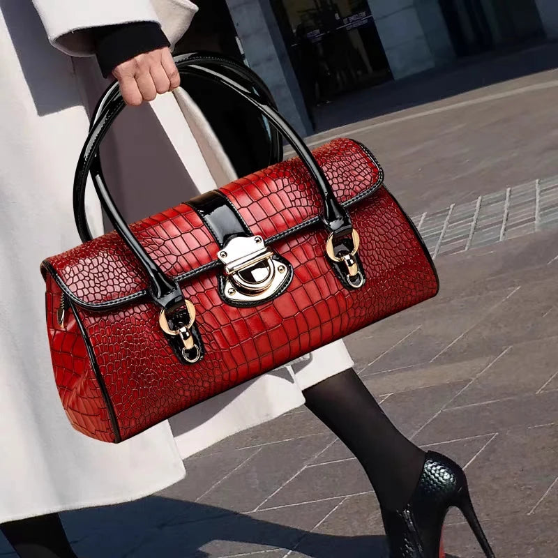 Aidrani Croc-Embossed Patent Leather Barrel Bag