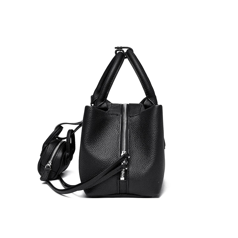 Genuine leather women's shoulder and crossbody tote with matching wallet, large capacity oxhide bag