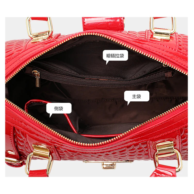 Aidrani Red Croc-Embossed Cowhide Boston Bag