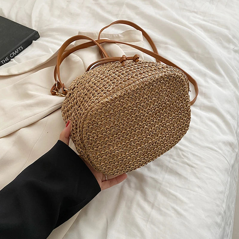 Woven Straw Bag Ladies Bucket Crossbody Bag Summer Beach Bag Retro Travel Shoulder Bags Small Travel Purse and Handbag For Women - Tote Bag by eprolo | Available at Handbags Specialist Headquarter