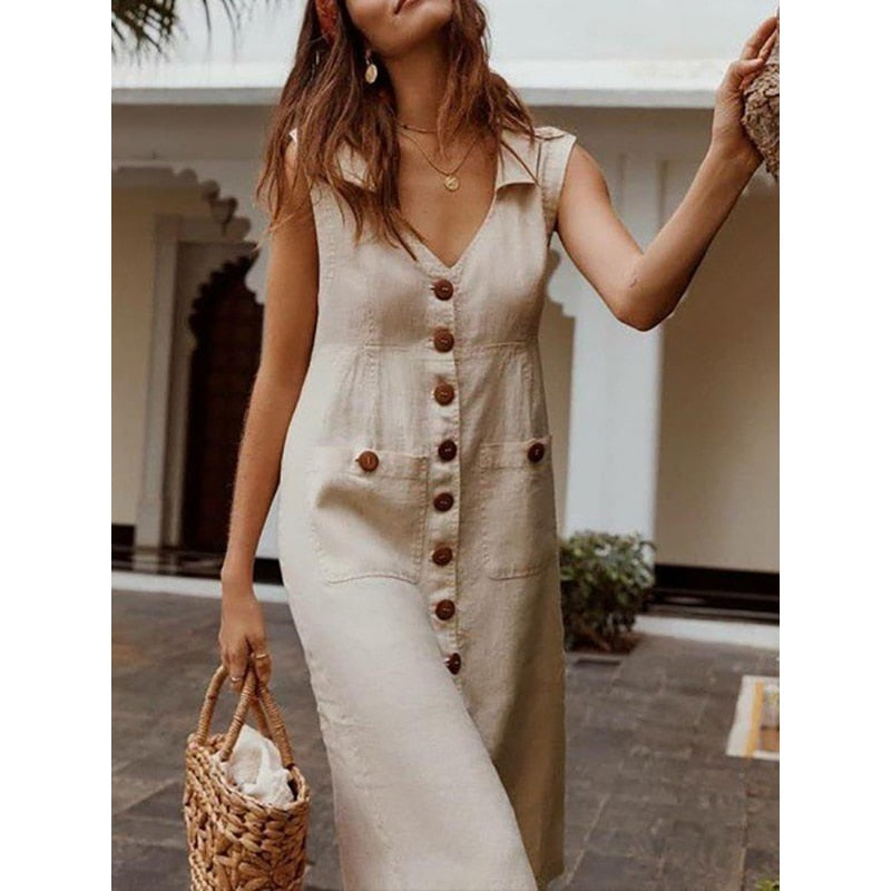 Vintage Fashion Loose Comfortable  V-neck  Dresses -  by Shop1103664268 Store | Available at Handbags Specialist Headquarter