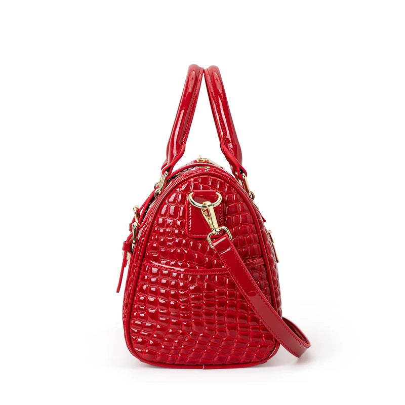 Aidrani Red Croc-Embossed Cowhide Boston Bag